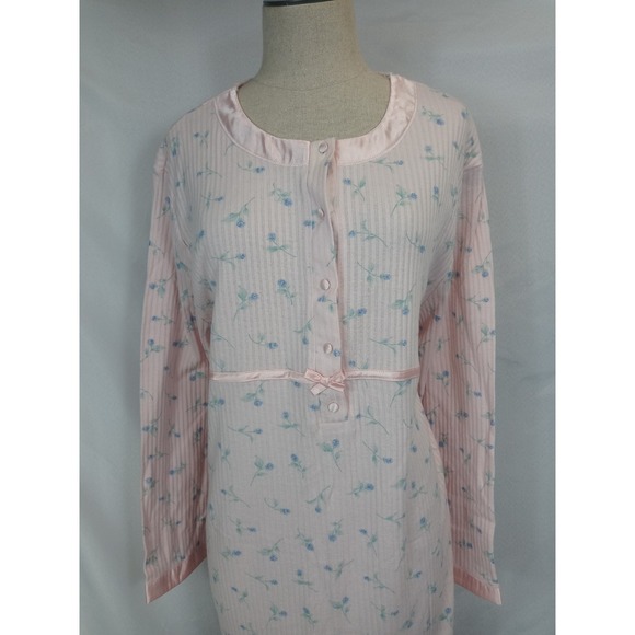 Delicates Womens Large Pink Floral Ribbed Knit Nightgown Sleep Dress Henley Cozy - Picture 4 of 10